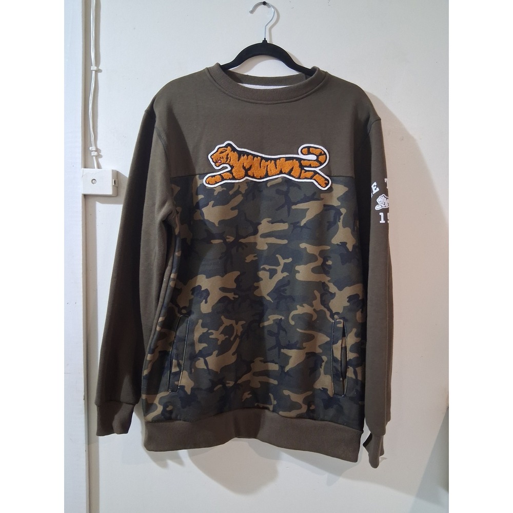 Le Tigre Mens Camo Colorblock Sweatshirt Large Olive Green Tiger Patch Crewneck